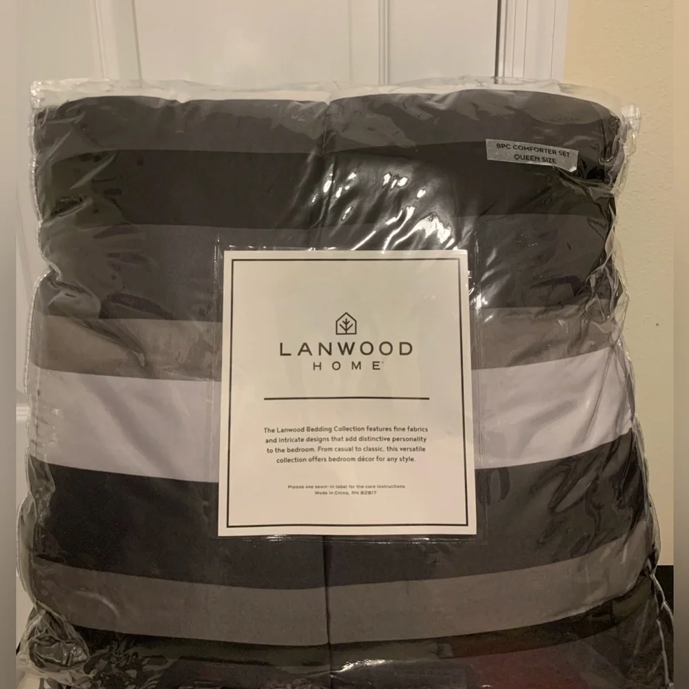 NEW Queen - Black Striped 8 Pc Comforter Set - Lanwood Home